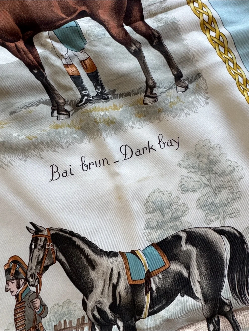 Vintage Hermès Paris 100% Silk Scarf, Les Robes, Equestrian Design in Blue